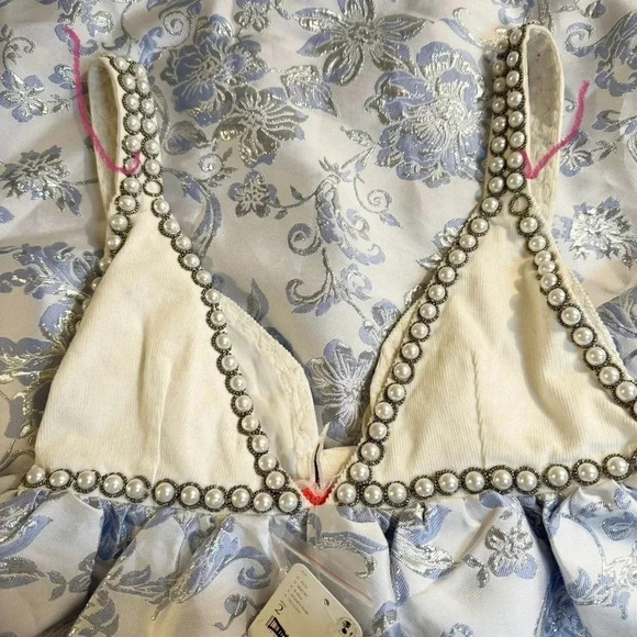 New Free People Pearl Embellished Jacquard Floral Mini Dress White Blue - Picture 9 of 17